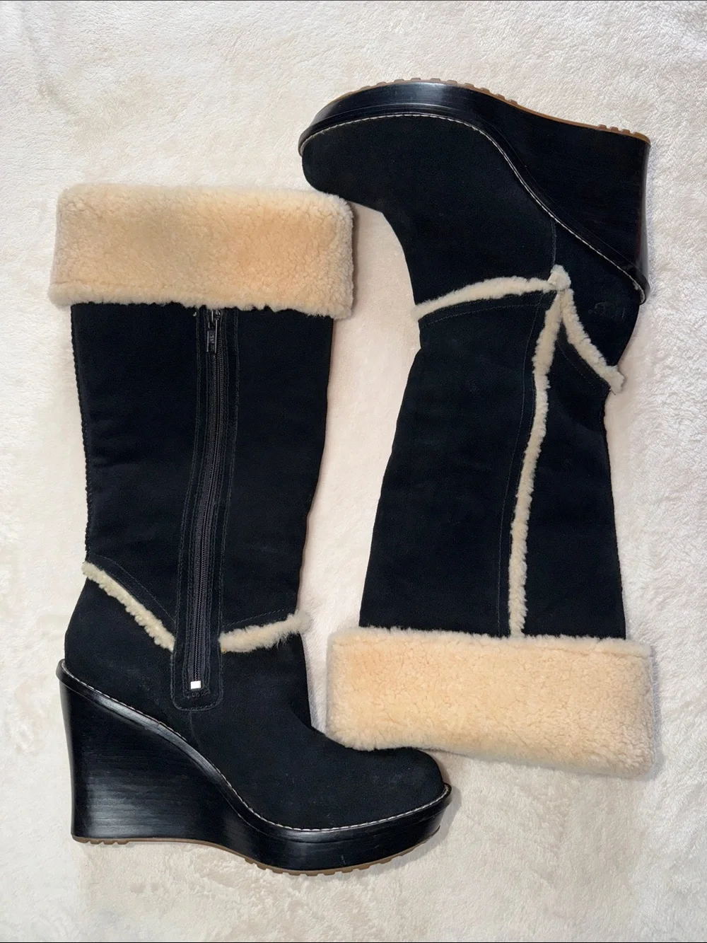 UGG Australia Aubrie Suede Shearling Wedge Knee High Boots Black Size 9.5